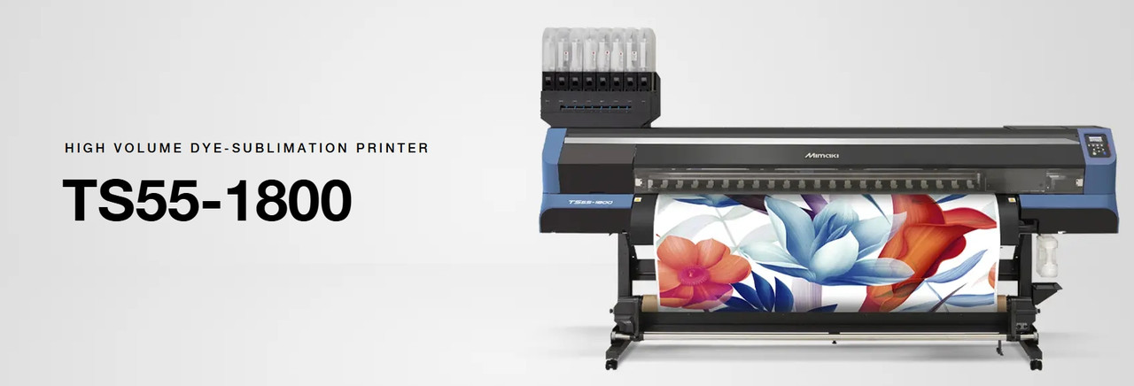 Image of the Mimaki TS55-1800 printing vibrant dye sublimation graphics on transfer paper, featuring jumbo roll feeding and industrial-grade output for textile production.