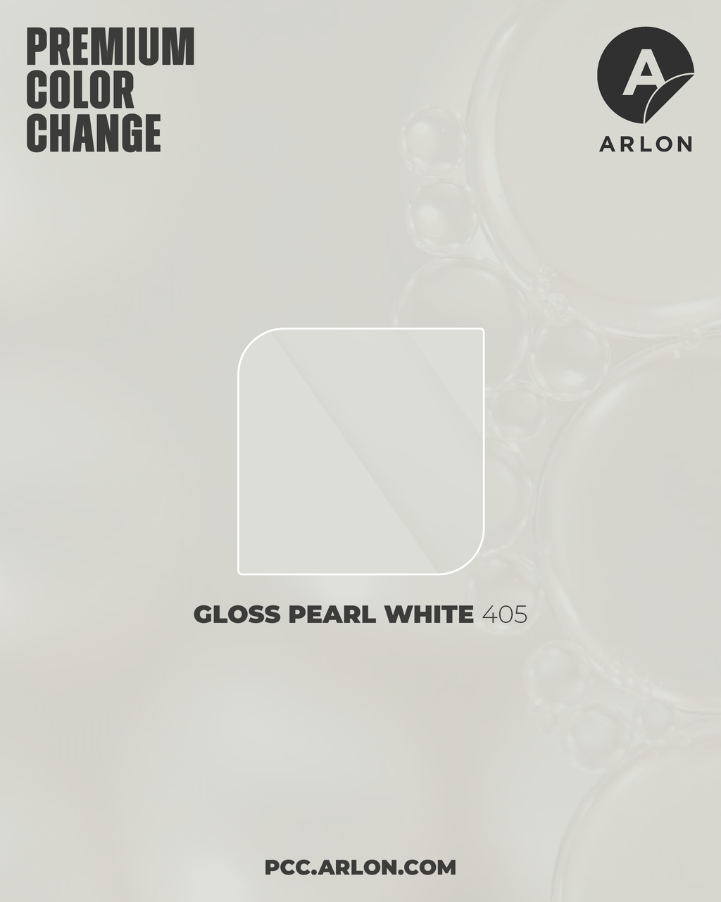 Arlon PCC #405 Gloss Pearl White vehicle wrap film featuring a smooth high-gloss pearlescent white finish, available at Kirin Global Supplies