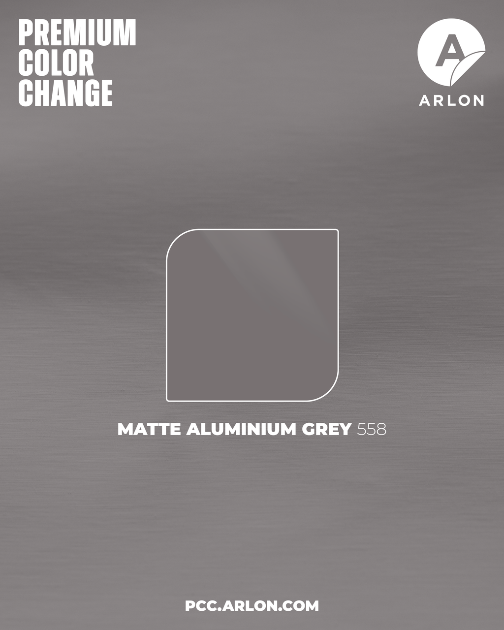 Arlon PCC #558 Matte Aluminium Grey vehicle wrap film featuring a brushed aluminum-style matte grey finish, available at Kirin Global Supplies