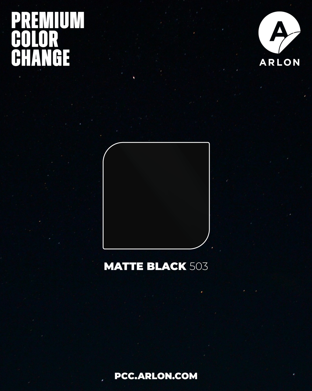 Arlon PCC #503 Matte Black vehicle wrap film featuring a deep, non-reflective matte black finish, available at Kirin Global Supplies