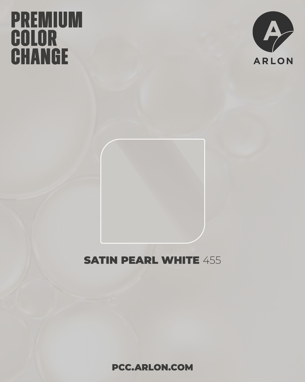 Arlon PCC #455 Satin Pearl White vehicle wrap film featuring a soft white satin finish with pearlescent sheen, available at Kirin Global Supplies