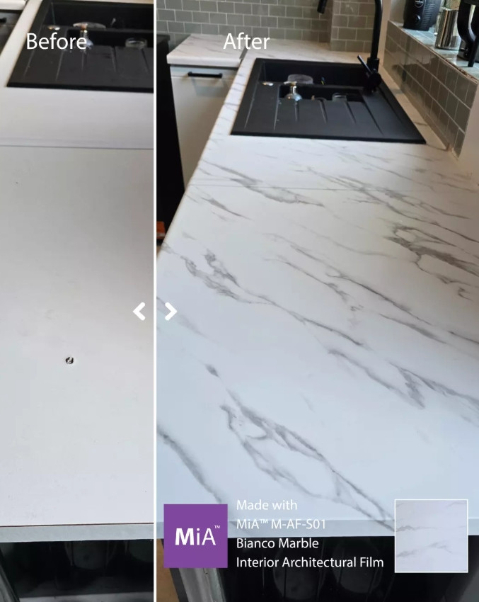 This Kitchen transformation shows what’s possible with MiA™ Bianco Marble Interior Architectural Film. A clean, bright marble look instantly elevates the space, giving the kitchen a high-end feel without the cost or mess of a full renovation.