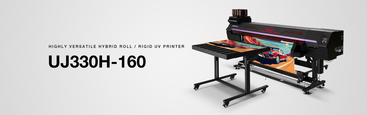 Mimaki UJ330H-160 printing rigid board with vacuum belt transport