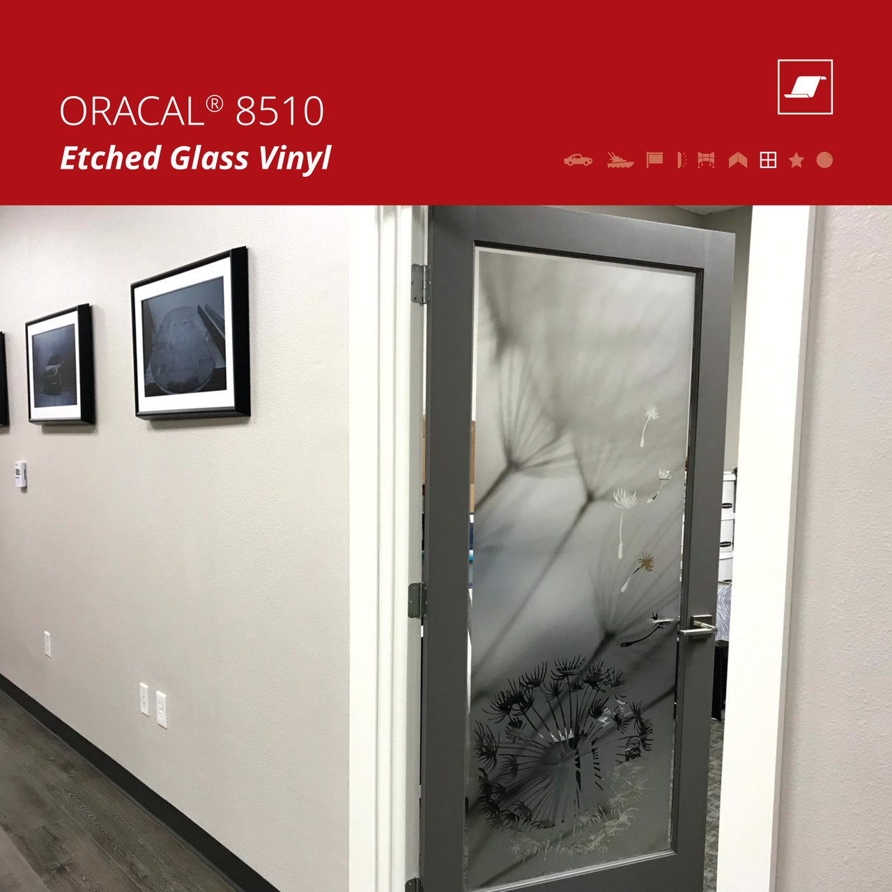 ORACAL 8510 Etched Glass Cal: 3 mil calendered PVC in silver & gold, fine & coarse structures. 7-year outdoor life, B-s1,d0 flame rated. 15"–48" rolls, ships from Phoenix.