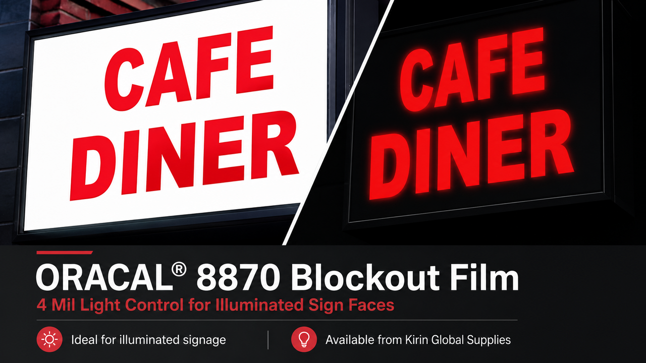 A professional product graphic for ORACAL® 8870 Blockout Film featuring a split-view illuminated sign. On the left, a bright white sign face displays bold red “CAFE DINER” lettering in daylight. On the right, the same sign is shown in a darker illuminated view with glowing red letters against a black background, highlighting the film’s light-control effect. Below the sign comparison, the graphic includes the product title “ORACAL® 8870 Blockout Film” and the subtitle “4 Mil Light Control for Illuminated Sign Faces.” Additional callouts note that it is ideal for illuminated signage and available from Kirin Global Supplies. The overall design uses a clean black, white, and red color scheme for a modern, high-impact product presentation.