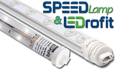 SpeedLamp is the no-power-supply retrofit: the 18" lamp accepts line voltage anywhere from 120V to 347V, so it wires straight to the cabinet's existing feed once the fluorescent ballast is removed. Output is 6500K cool white for even face brightness across sign cabinets, light boxes and awnings. Fewer components in the cabinet means fewer failure points and a faster service call.