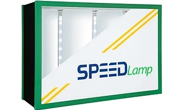 SpeedLamp is the no-power-supply retrofit: the 24" lamp accepts line voltage anywhere from 120V to 347V, so it wires straight to the cabinet's existing feed once the fluorescent ballast is removed. Output is 6500K cool white for even face brightness across sign cabinets, light boxes and awnings. Fewer components in the cabinet means fewer failure points and a faster service call.