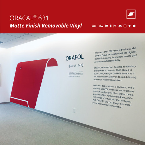 ORACAL 631 removable matte vinyl, 12" x 50 yd roll. 3 mil, water-based removable adhesive, 76+ matte colors. Built for wall graphics and interior signage.
