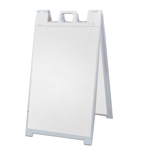 Plasticade Signicade®, Signicade Sign Stand, Double-Sided Sign Stand, All-Plastic Construction, Indoor and Outdoor Signage, Durable Sign Stand, Vinyl Signage, Two 24"W x 36"H Signs, Rust-Free, Maintenance-Free, Versatile Sign Options, Locking Hinges, Stacking Lugs, Molded-in Handle, Made in the U.S.A., Sand-Fillable, Easy Sign Changes, Well-Nut Attachment, Kirin Global Supplies, Kgsupplies.com, White, Black, Yellow, Orange, Red, Green, Blue