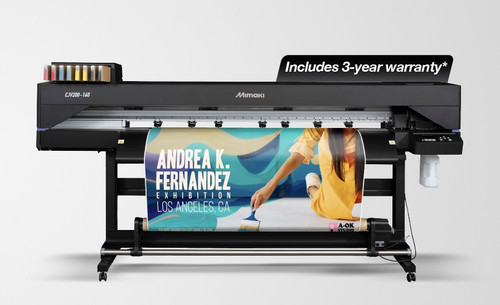 The Mimaki CJV200-160 shown in a professional studio setting with a 64-inch roll of vinyl media loaded and a vibrant, full-width graphic emerging from the output tray. The Mimaki CJV200-160 shown in a professional studio setting with a 64-inch roll of vinyl media loaded and a vibrant, full-width graphic emerging from the output tray.