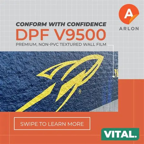 DPF V9500 applied to a textured brick wall with vibrant print graphics and seamless edge conformability.