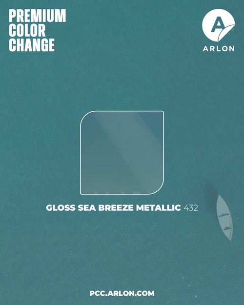 Arlon PCC #432 Gloss Sea Breeze Metallic vehicle wrap film featuring a glossy aqua-teal metallic finish, available at Kirin Global Supplies