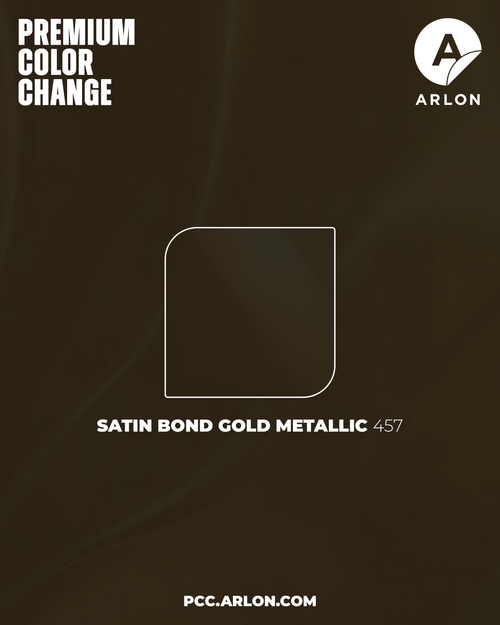 Arlon PCC #457 Satin Bond Gold Metallic vehicle wrap film featuring a soft satin finish and warm metallic gold color, available at Kirin Global Supplies Arlon PCC #457 Satin Bond Gold Metallic vehicle wrap film featuring a soft satin finish and warm metallic gold color, available at Kirin Global Supplies