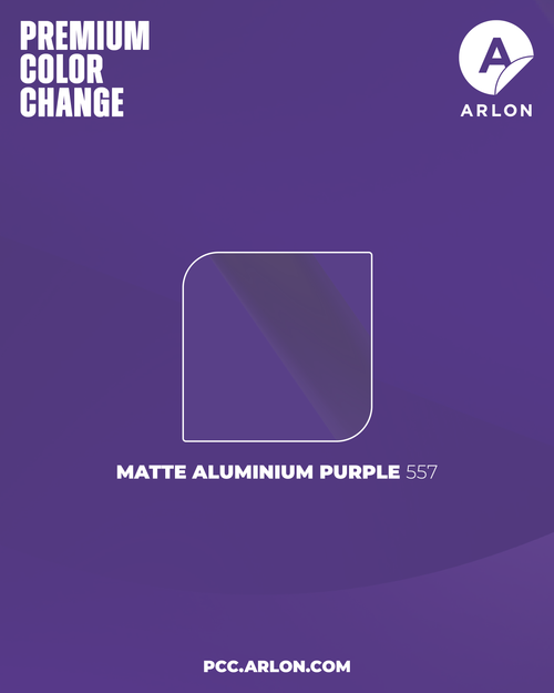 Arlon PCC #557 Matte Aluminum Purple vehicle wrap film featuring a brushed aluminum-style matte purple finish, available at Kirin Global Supplies