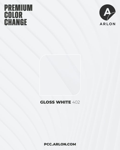 Arlon PCC #402 Gloss White vehicle wrap film featuring a smooth high-gloss pure white finish, available at Kirin Global Supplies Arlon PCC #402 Gloss White vehicle wrap film featuring a smooth high-gloss pure white finish, available at Kirin Global Supplies