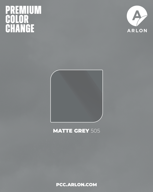 Arlon PCC #505 Matte Grey vehicle wrap film featuring a sleek matte medium-grey finish, available at Kirin Global Supplies