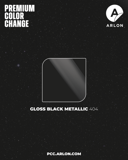 Arlon PCC #404 Gloss Black Metallic vehicle wrap film featuring a high-gloss black finish with subtle metallic flake, available at Kirin Global Supplies