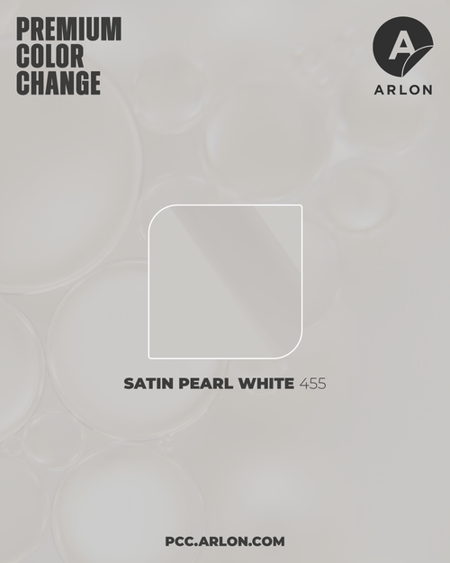 Arlon PCC #455 Satin Pearl White vehicle wrap film featuring a soft white satin finish with pearlescent sheen, available at Kirin Global Supplies