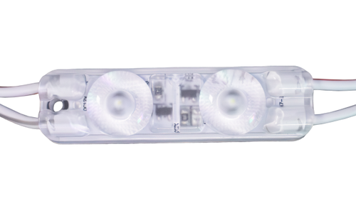 Close-up of Allanson LEDGEN3 0.72W 12VDC LED module with 170° lens and IP67 casing, shown in 40-pack layout for signage and architectural applications. Close-up of Allanson LEDGEN3 0.72W 12VDC LED module with 170° lens and IP67 casing, shown in 40-pack layout for signage and architectural applications.