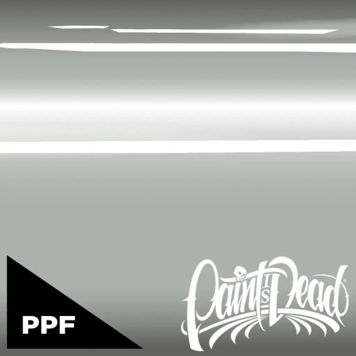Gloss Grey Matter PPF roll featuring a clean light grey gloss finish, labeled PIDPPF1118G, shown on a production bench. Gloss Grey Matter PPF roll featuring a clean light grey gloss finish, labeled PIDPPF1118G, shown on a production bench.