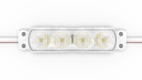 TMTLED Midi Game Changer Edge-lit LED module with 18° × 40° CrystaLens optics, designed for perimeter lighting in sign cabinets and lightboxes. Features snap-in installation, IP67 waterproof rating, and Clean White Technology for even illumination up to 7 feet wide.