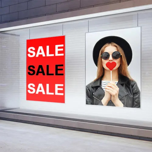 Close-up of Avery Dennison® MPI 2903 Easy Apply™ Gloss Vinyl Film printed with colorful graphics, applied smoothly on a retail wall display.