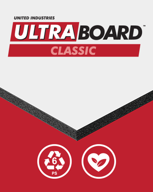 High-resolution product photo of UltraBoard™ Classic foam core boards stacked in different thicknesses, showcasing clean edges, smooth facers, and premium white/black finishes. An example application image could show UltraBoard™ Classic used in a gallery print, retail display, or mounted photograph for professional presentation.