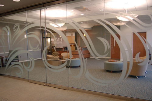 Silver etched glass vinyl decorative window design