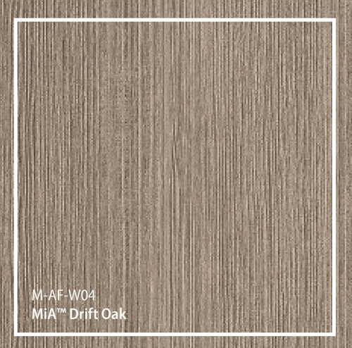 Natural driftwood oak wood grain architectural film with embossed weathered texture. Medium taupe-gray tone perfect for rustic coastal, organic farmhouse, and authentic beach house interiors. Versatile weathered character. 48"×164' roll. 10-year durability.