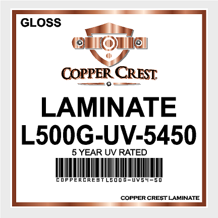 Copper Crest L500G-UV is a 3 mil polymeric gloss clear overlaminate with extra UV absorption — built to protect large format inkjet work and formulated specifically for the UV-cured prints that give ordinary laminates trouble. 5 year UV rating, aggressive clear adhesive, and a smooth kraft liner that runs clean through the laminator.