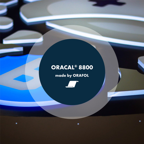 ORACAL 8800 is ORAFOL's premium cast translucent film for illuminated signage. At 2 mil with a satin finish, it holds color evenly in both reflected daylight and transmitted light, and its cast construction lets it conform through the thermoforming process without the color shift, blushing or edge lift you get from pushing a calendered film into a formed face.