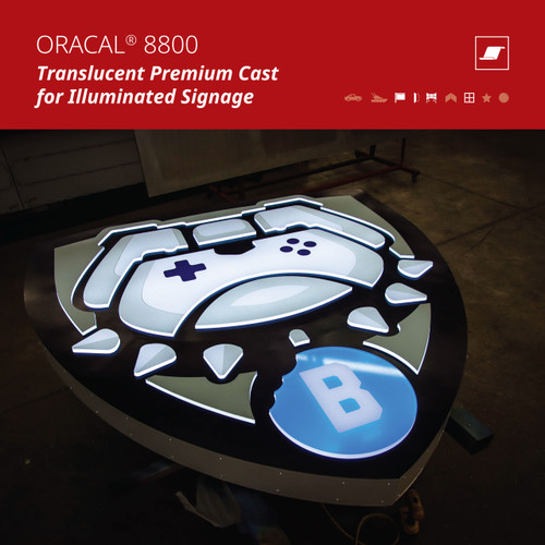 ORACAL 8800 is ORAFOL's premium cast translucent film for illuminated signage. At 2 mil with a satin finish, it holds color evenly in both reflected daylight and transmitted light, and its cast construction lets it conform through the thermoforming process without the color shift, blushing or edge lift you get from pushing a calendered film into a formed face.