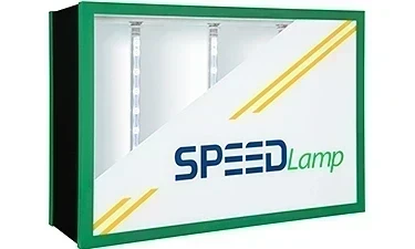 SpeedLamp is the no-power-supply retrofit: the 64" lamp accepts line voltage anywhere from 120V to 347V, so it wires straight to the cabinet's existing feed once the fluorescent ballast is removed. Output is 6500K cool white for even face brightness across sign cabinets, light boxes and awnings. Fewer components in the cabinet means fewer failure points and a faster service call.