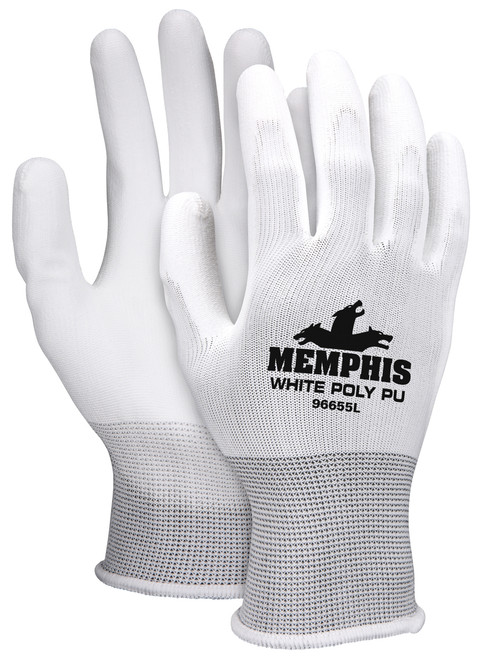 MCR Safety 96655XL, 13 Gauge Wht Polyester Shell, Wht PU Palm & Fingertips, XL (12pr)