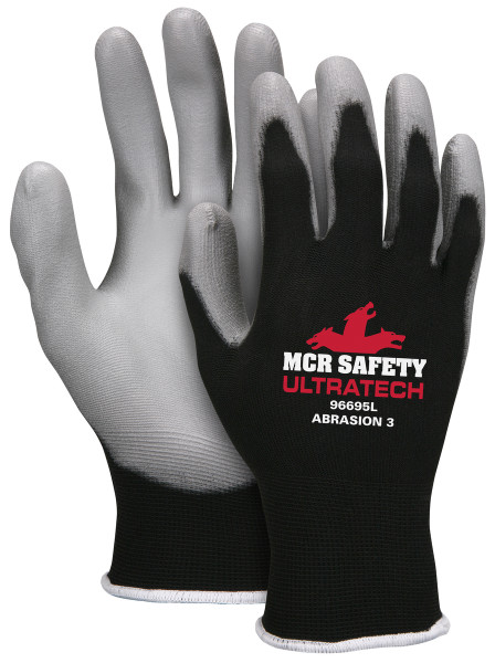 MCR Safety 96695S, Latex Free 15- Gauge Black Nylon Shell, Gray PU Palm & Fingers, S (12pr)