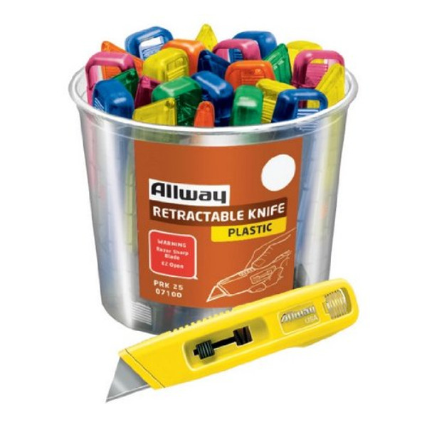 Allway Tools PRK25 Bucket of Retractable Utility Knives, Mixed Neon Colors 25/Bucket