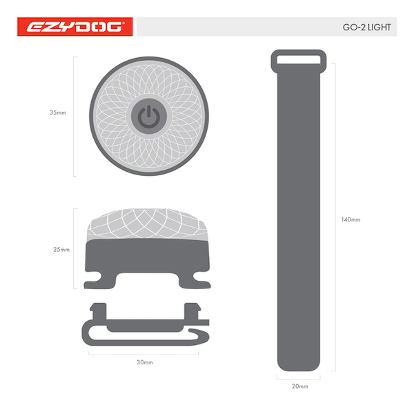 illustration showing the measurements of the EzyDog GO2 Light