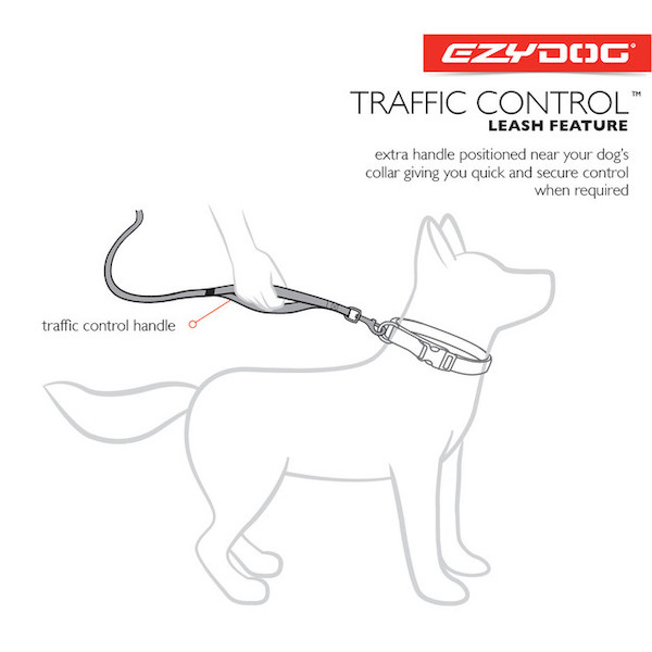 diagram showing the location of the traffic control handle on the Zero Shock Leash