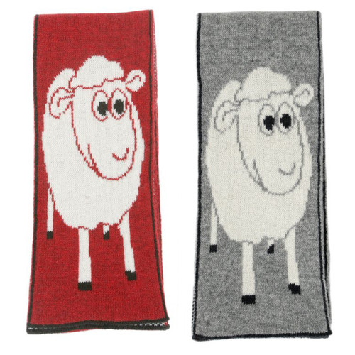 Red and grey scarf with sheep detail.  Red and grey scarf with sheep detail.