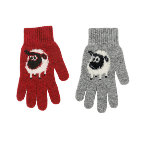Red and grey Merino wool gloves with sheep detail Red and grey Merino wool gloves with sheep detail