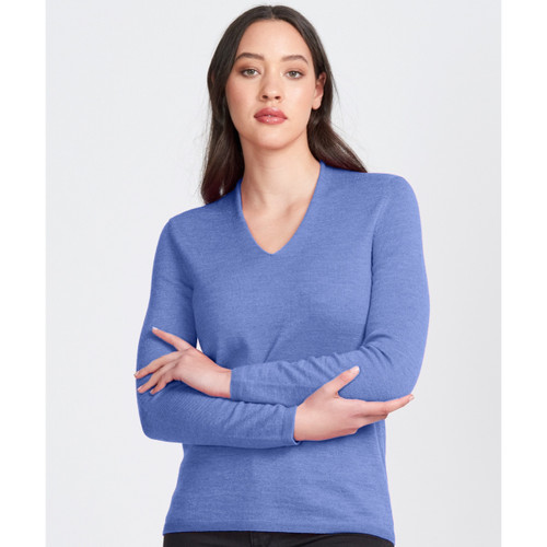 Woman wearing Royal Merino - Long Sleeve Classic High Vee (RM2050HV) in the colour Cornflower.