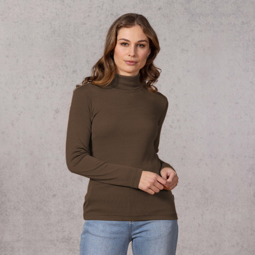 Woman wearing Bay Road Merino - Isabel Polo (BR716-SALE) in the colour Rimu.