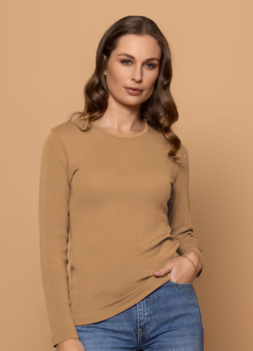 Woman wearing Bay Road Merino - Harper Crew (BR840) in the colour Caramel.