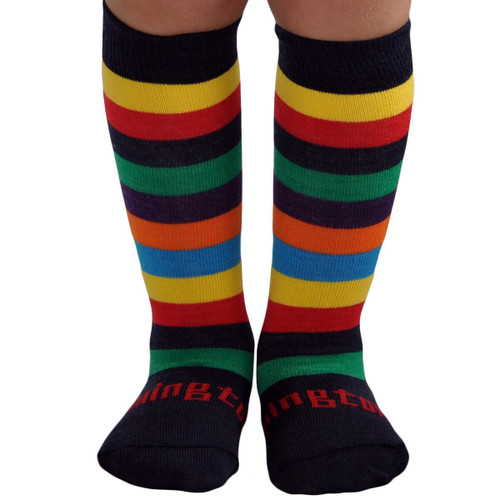 A pair of multi-coloured striped Lamington Baby Jester Merino Socks. A pair of multi-coloured striped Lamington Baby Jester Merino Socks.