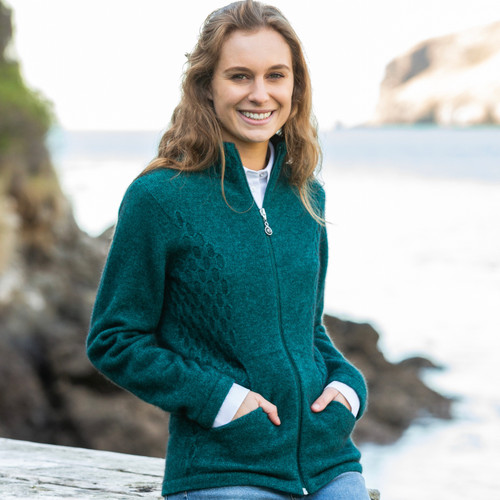 Woman wearing Noble Wilde - Merino & Possum Honeycomb Jacket (NW3149) in the colour Paua.