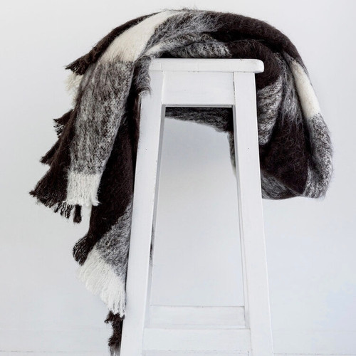 Alpaca fleece throw in Friesian colour draped on chair.  Alpaca fleece throw in Friesian colour draped on chair.