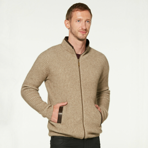 McDonald-Possum & Merino Rib Zip Jacket with Leather Trim (6610/)Mocha McDonald-Possum & Merino Rib Zip Jacket with Leather Trim (6610/)Mocha