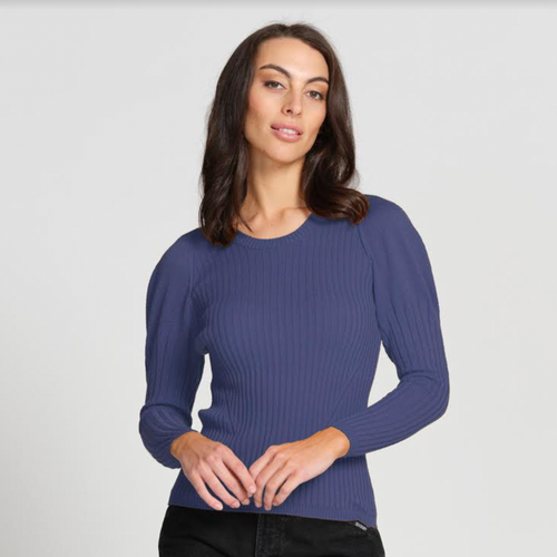 Optimum Merino - Puff Sleeve Rib Jumper-Grape Optimum Merino - Puff Sleeve Rib Jumper-Grape
