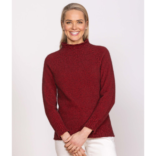 Woman wearing Noble Wilde - Merino & Possum Cable Funnel Neck (NW3221) in the colour Sangria Woman wearing Noble Wilde - Merino & Possum Cable Funnel Neck (NW3221) in the colour Sangria