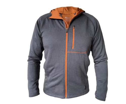 Tussock Ridge - Merino - Tencel Mens Full Zip Jacket with Hood Petrol Blue/Copper